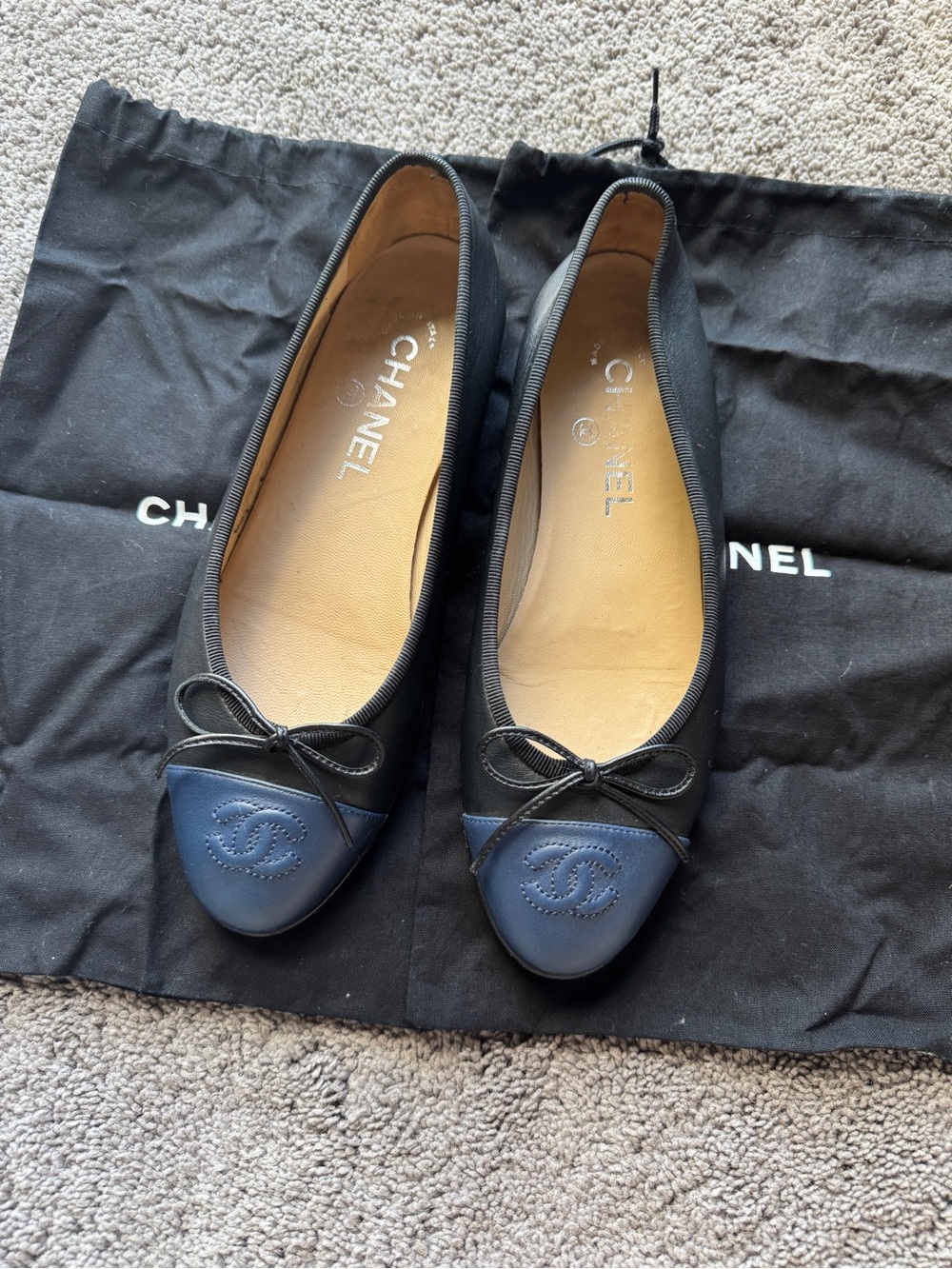 CHANEL Black and Navy Cap-Toe Ballet Flats